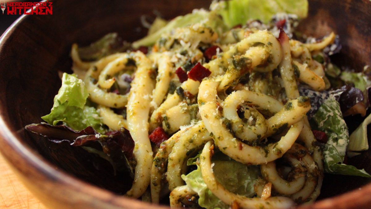Pesto Calamari with Chorizo & Feta Salad