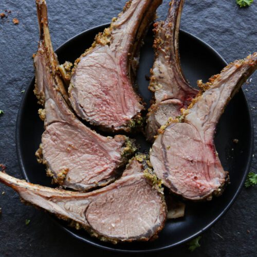 Herb Crusted Rack of Lamb on a plate