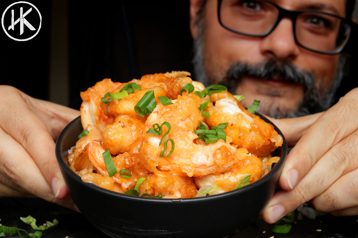 Bang bang shrimp in a bowl with Sahil