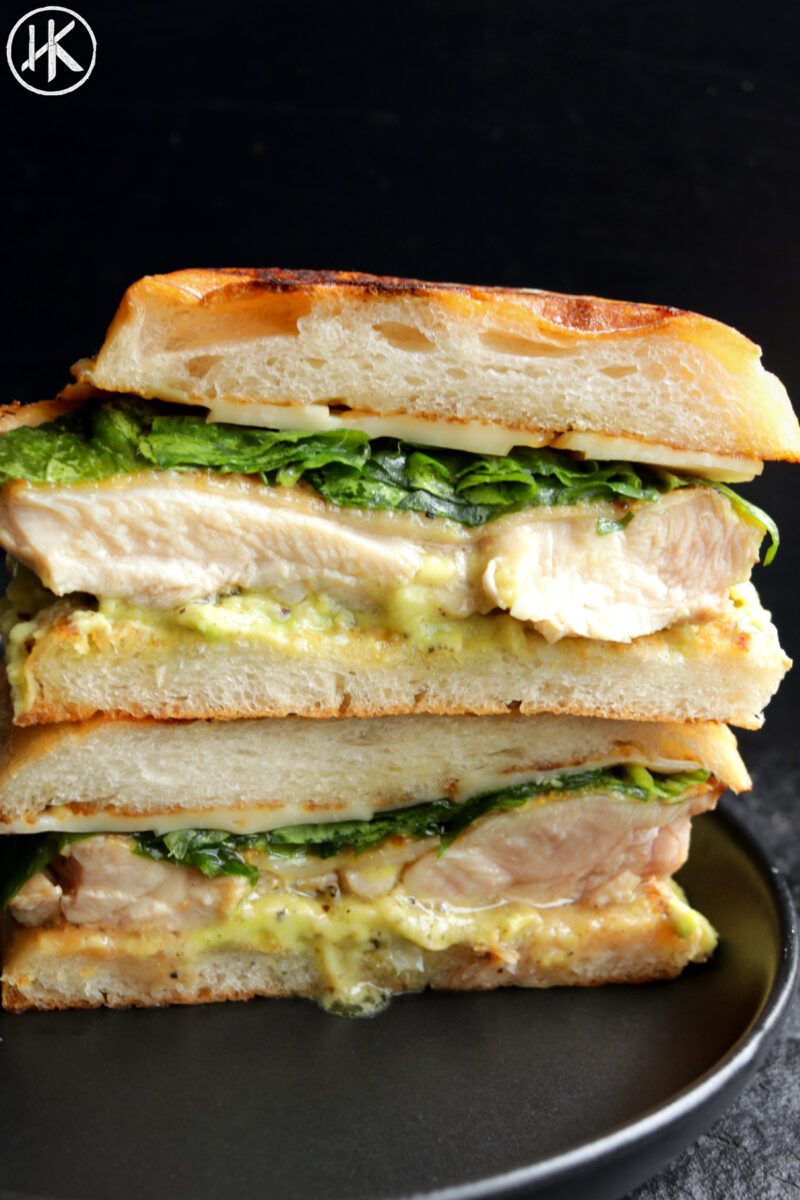 Chicken and avocado sandwich stacked