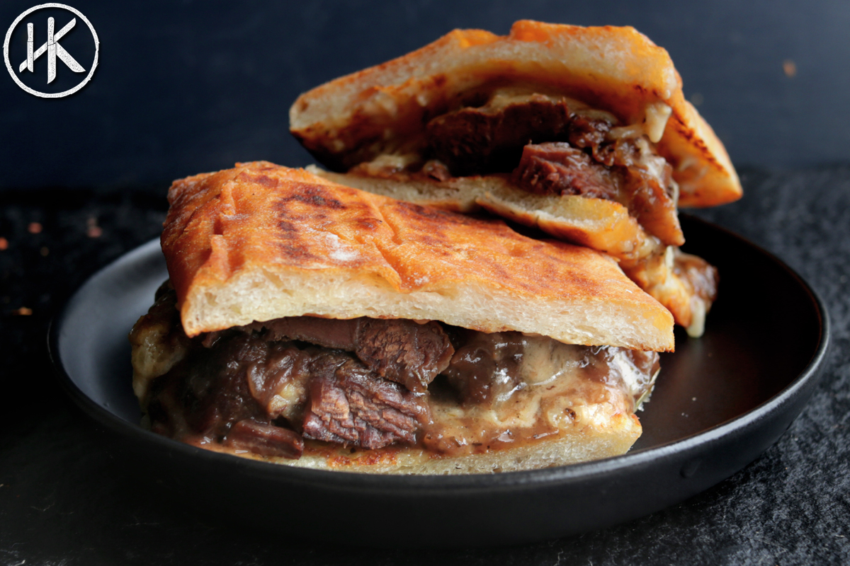 Osso bucco sandwich cut in half