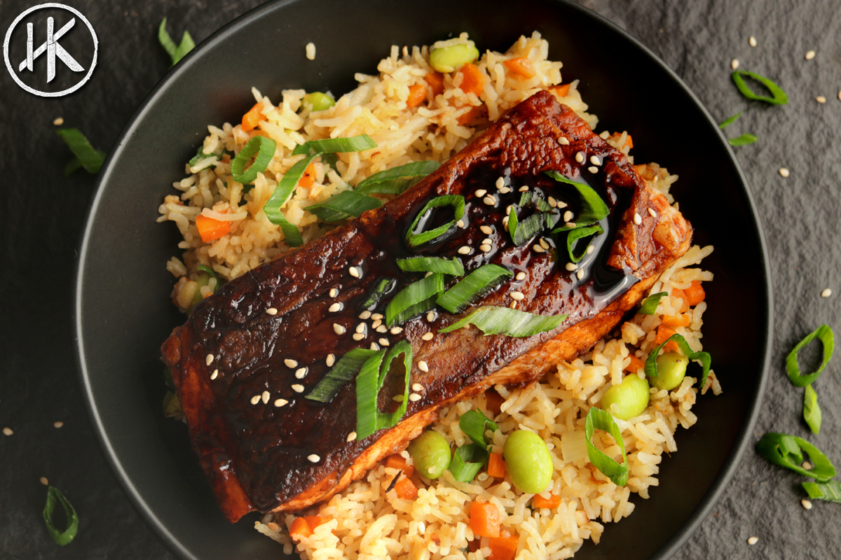 Salmon teriyaki with fried rice in a bowl