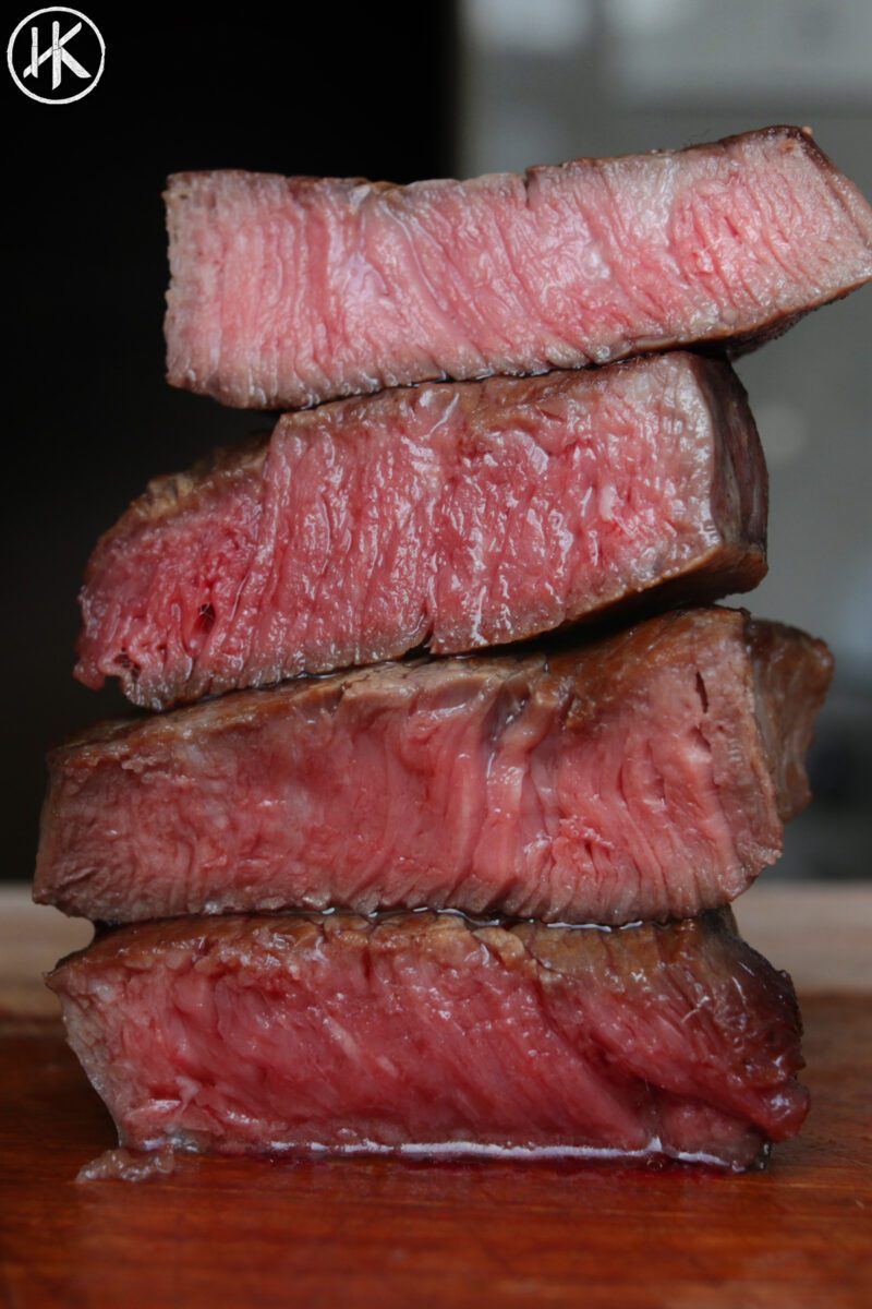 Steak sliced in half