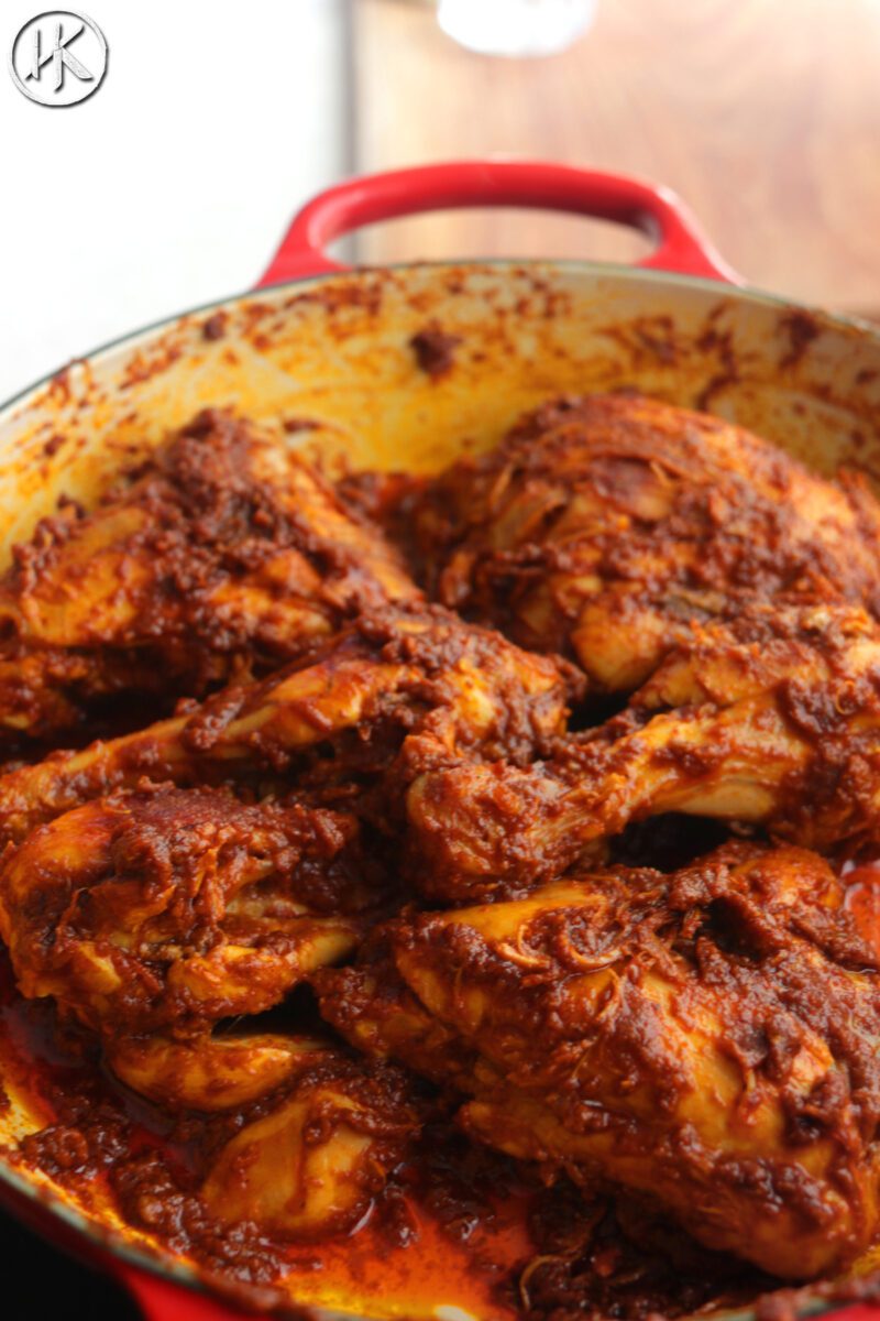 Chicken ghee roast in a pot.