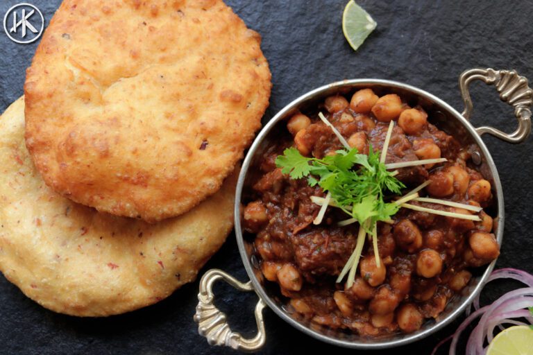 Beef Chole Bhature on a countertop.