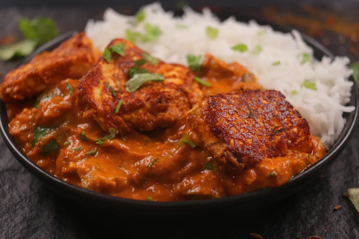 Paneer Tikka Masala in a bowl with rice.